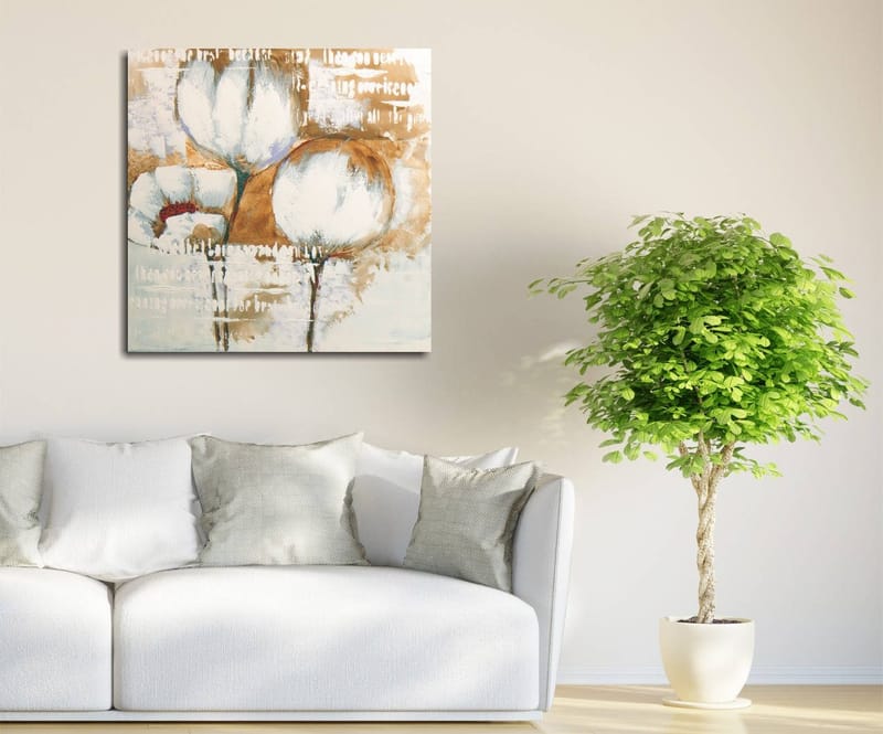 Canvas-taulu 45x45 cm - Abstrakti sommitelma vaaleilla kukilla, Valkoinen / Beige / Ruskea