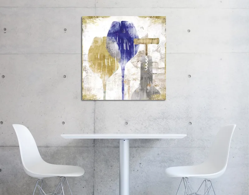Canvas-taulu 45x45 cm - Abstrakti sommitelma viinilasilla ja korkkiruuvilla, Sininen / Keltainen / Harmaa