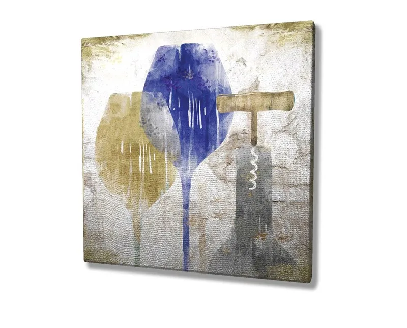 Canvas-taulu 45x45 cm - Abstrakti sommitelma viinilasilla ja korkkiruuvilla - Sininen / Keltainen / Harmaa - Sisustustuotteet - Taulu & taide - Canvas-taulu