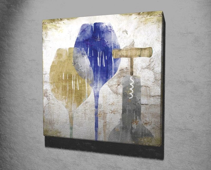 Canvas-taulu 45x45 cm - Abstrakti sommitelma viinilasilla ja korkkiruuvilla - Sininen / Keltainen / Harmaa - Sisustustuotteet - Taulu & taide - Canvas-taulu