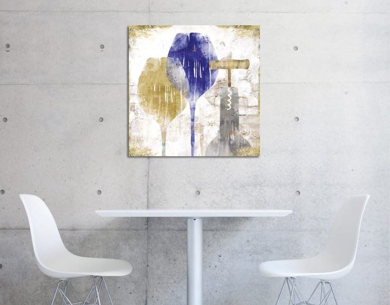 Canvas-taulu 45x45 cm - Abstrakti sommitelma viinilasilla ja korkkiruuvilla, Sininen / Keltainen / Harmaa