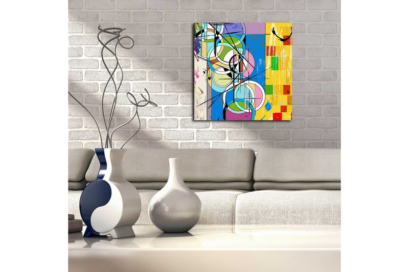 Canvas-taulu 45x45 cm - Abstrakti sommitelma ympyröillä ja geometrisilla muodoilla - Sininen / Keltainen / Vihreä - Sisustustuotteet - Taulu & taide - Canvas-taulu