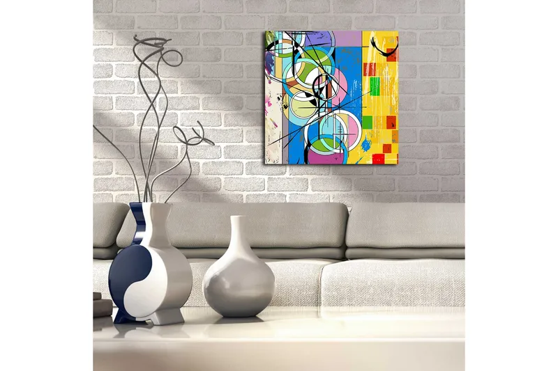 Canvas-taulu 45x45 cm - Abstrakti sommitelma ympyröillä ja geometrisilla muodoilla - Sininen / Keltainen / Vihreä - Sisustustuotteet - Taulu & taide - Canvas-taulu