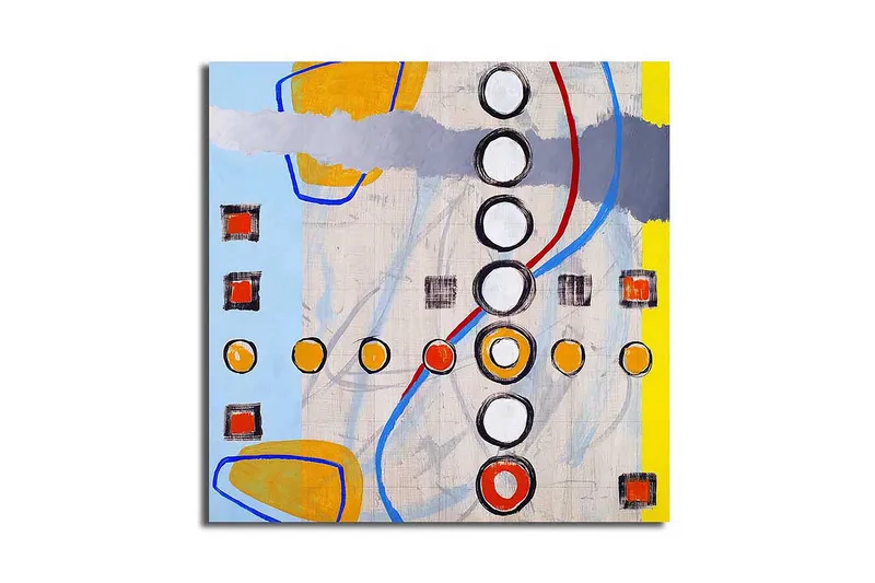 Canvas-taulu 45x45 cm - Abstrakti sommitelma ympyröillä ja geometrisilla muodoilla - Sininen / Oranssi / Harmaa - Sisustustuotteet - Taulu & taide - Canvas-taulu