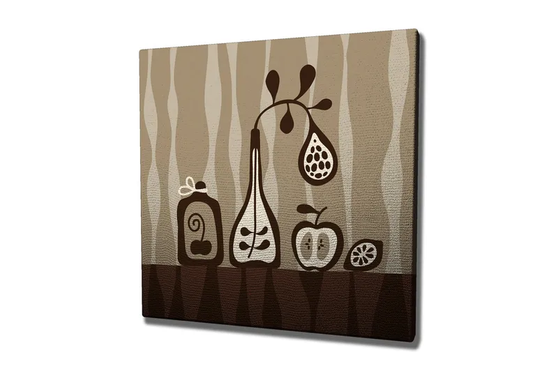 Canvas-taulu 45x45 cm - Abstrakti sommitelma pulloista ja hedelmistä, Beige / Ruskea / Valkoinen