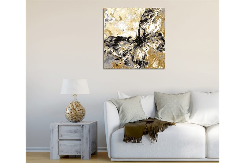 Canvas-taulu 45x45 cm - Abstrakti perhonen kultaisilla ja mustilla elementeillä - Kulta / Musta / Valkoinen - Sisustustuotteet - Taulu & taide - Canvas-taulu
