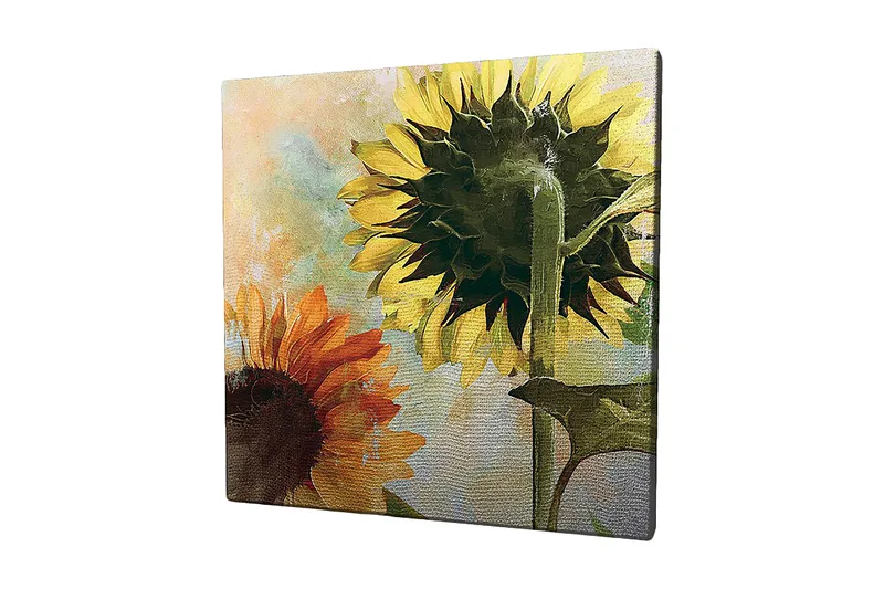 Canvas-taulu 45x45 cm - Auringonkukkia kirkkaissa väreissä, Keltainen / Oranssi / Vihreä