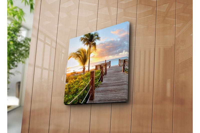 Canvas-taulu 45x45 cm - Auringonlasku rantakadun yllä palmujen ja vehreyden keskellä - Vihreä / Oranssi / Sininen - Sisustustuotteet - Taulu & taide - Canvas-taulu