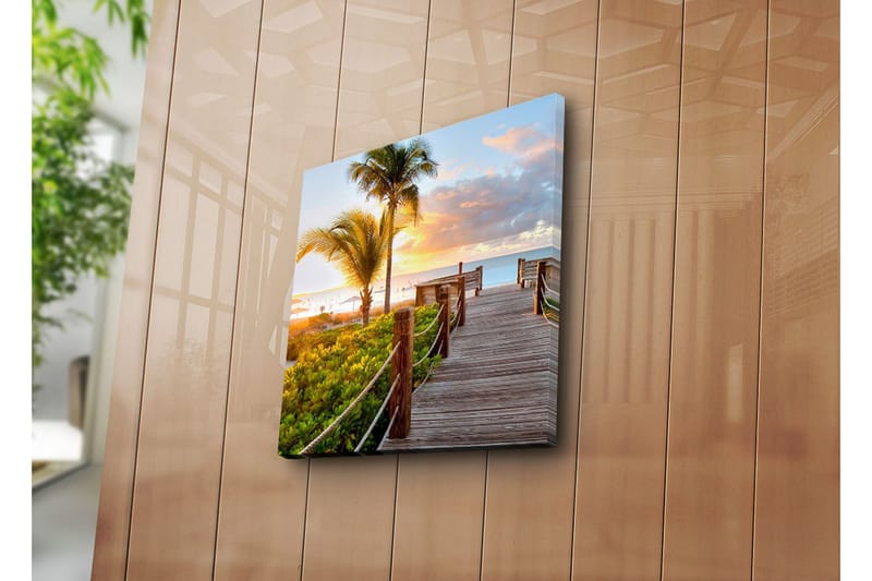 Canvas-taulu 45x45 cm - Auringonlasku rantakadun yllä palmujen ja vehreyden keskellä - Vihreä / Oranssi / Sininen - Sisustustuotteet - Taulu & taide - Canvas-taulu