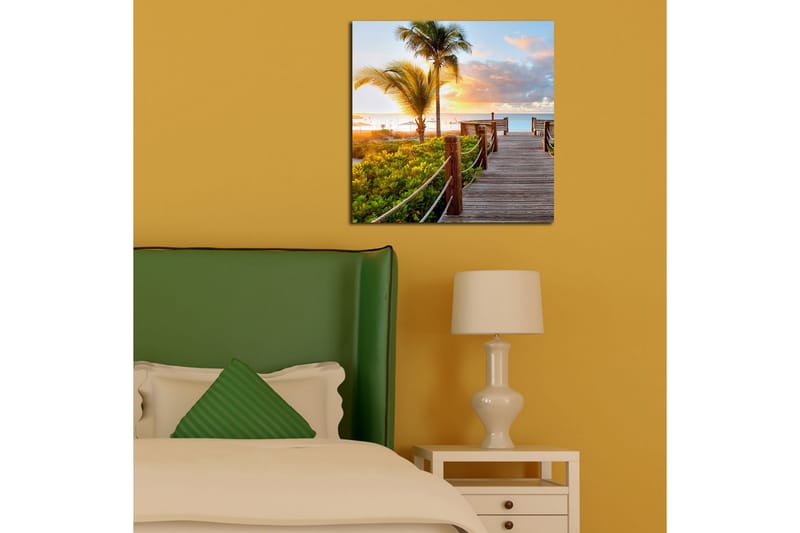 Canvas-taulu 45x45 cm - Auringonlasku rantakadun yllä palmujen ja vehreyden keskellä - Vihreä / Oranssi / Sininen - Sisustustuotteet - Taulu & taide - Canvas-taulu