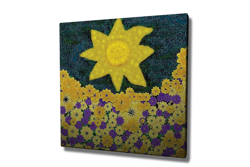 Canvas-taulu 45x45 cm - Aurinkoinen kukkaniitty värikkäillä kukilla, Keltainen / Violetti / Vihreä