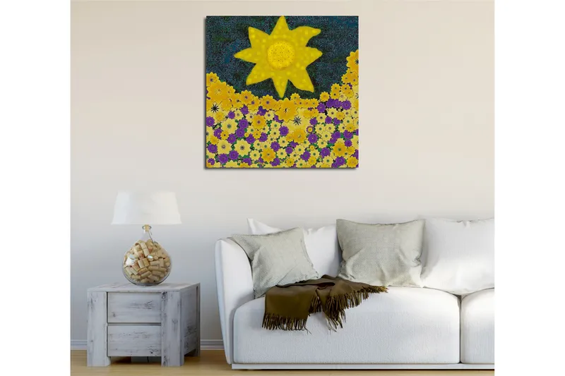 Canvas-taulu 45x45 cm - Aurinkoinen kukkaniitty värikkäillä kukilla - Keltainen / Violetti / Vihreä - Sisustustuotteet - Taulu & taide - Canvas-taulu