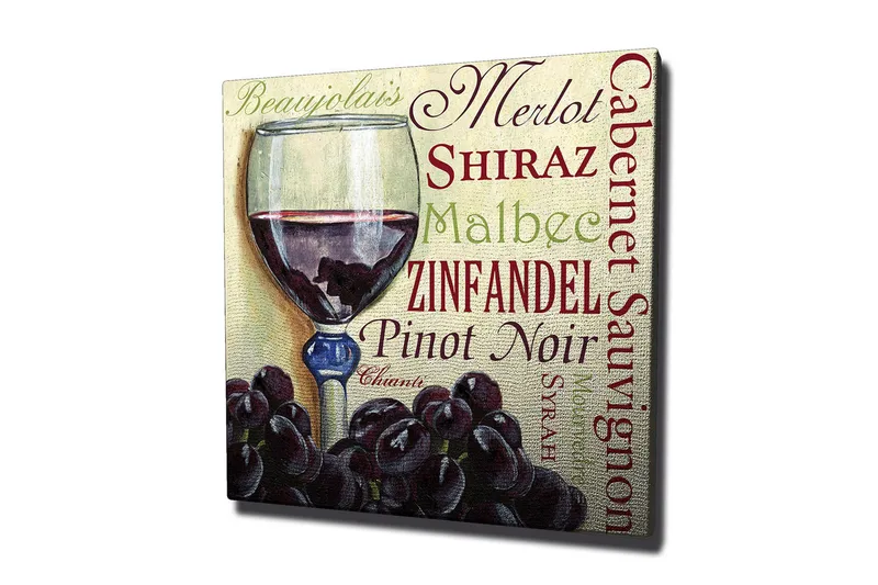 Canvas-taulu 45x45 cm - Burgundin viinilasi, jossa rypäleet keskipisteenä, Burgundi / Musta / Vihreä