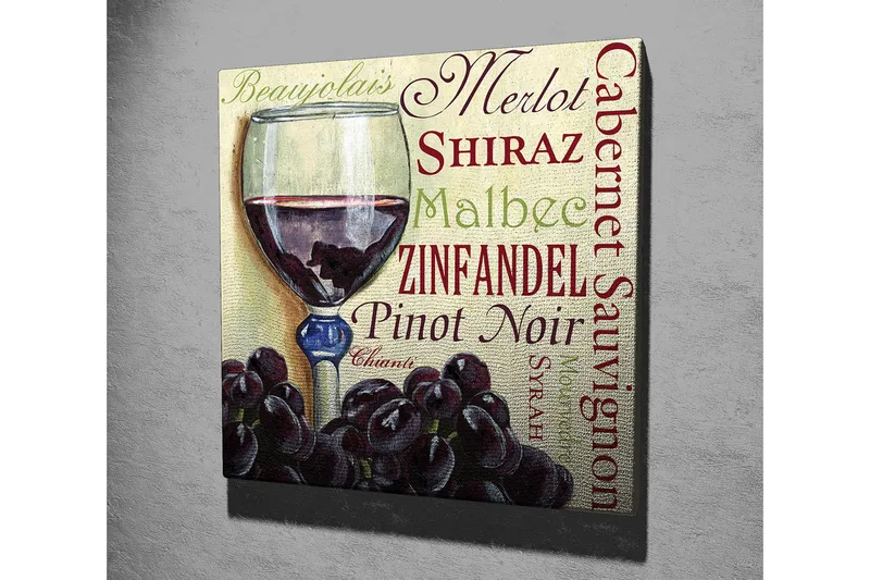 Canvas-taulu 45x45 cm - Burgundin viinilasi, jossa rypäleet keskipisteenä - Burgundi / Musta / Vihreä - Sisustustuotteet - Taulu & taide - Canvas-taulu