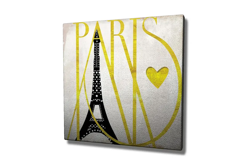 Canvas-taulu 45x45 cm - Eiffel-torni tyylitellyllä tekstillä ja sydämellä, Musta / Keltainen