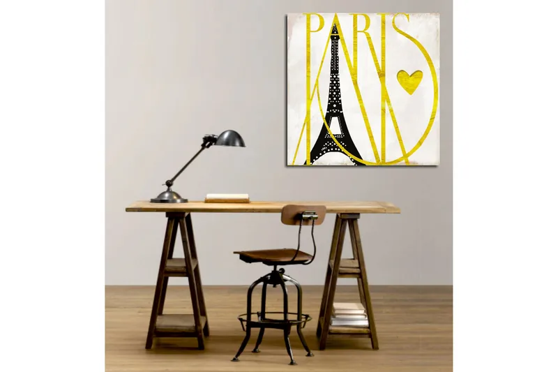 Canvas-taulu 45x45 cm - Eiffel-torni tyylitellyllä tekstillä ja sydämellä - Musta / Keltainen - Sisustustuotteet - Taulu & taide - Canvas-taulu