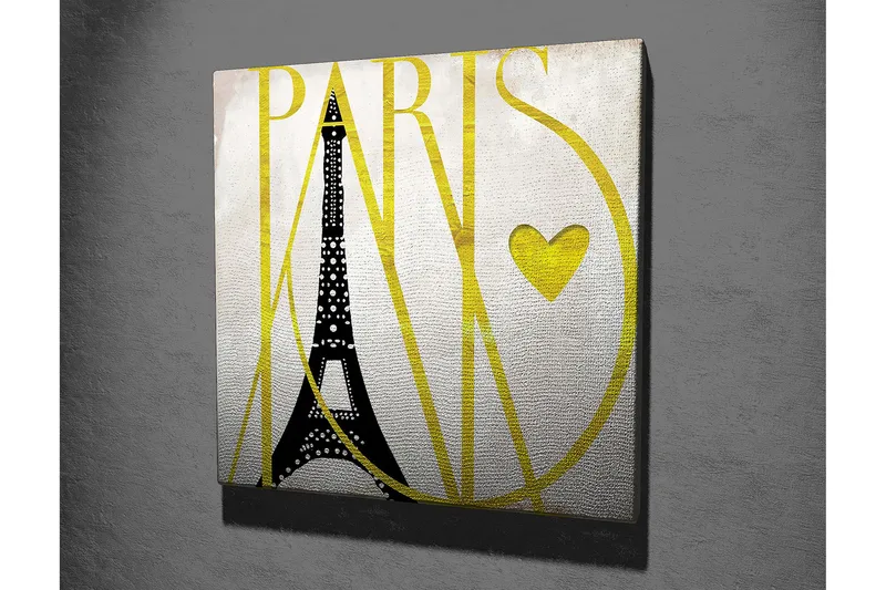 Canvas-taulu 45x45 cm - Eiffel-torni tyylitellyllä tekstillä ja sydämellä - Musta / Keltainen - Sisustustuotteet - Taulu & taide - Canvas-taulu