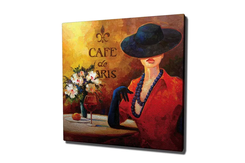 Canvas-taulu 45x45 cm - Elegantti nainen hatussa ja punaisessa mekossa kahvilapöydässä, Punainen / Musta / Valkoinen