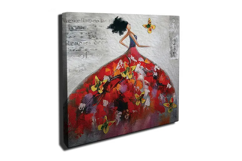 Canvas-taulu 45x45 cm - Elegantti nainen värikkäässä mekossa perhosten ympäröimänä, Punainen / Keltainen / Valkoinen