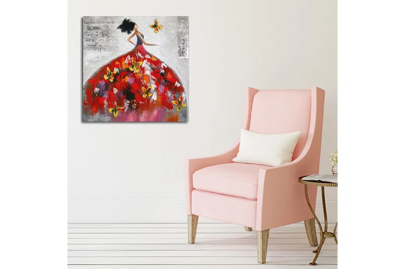 Canvas-taulu 45x45 cm - Elegantti nainen värikkäässä mekossa perhosten ympäröimänä - Punainen / Keltainen / Valkoinen - Sisustustuotteet - Taulu & taide - Canvas-taulu
