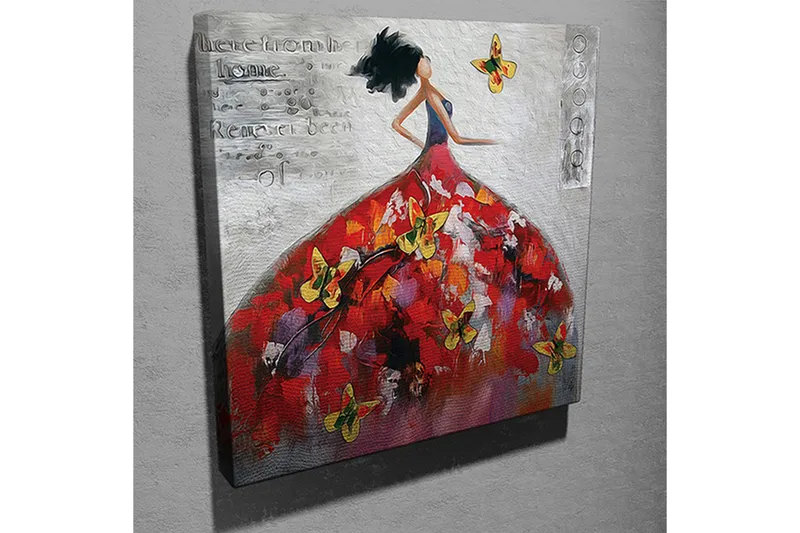Canvas-taulu 45x45 cm - Elegantti nainen värikkäässä mekossa perhosten ympäröimänä - Punainen / Keltainen / Valkoinen - Sisustustuotteet - Taulu & taide - Canvas-taulu
