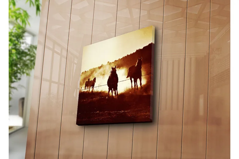 Canvas-taulu 45x45 cm - Hevoset laukkaamassa lammikossa auringonlaskun valossa - Tummanruskea / Kultainen / Beige - Sisustustuotteet - Taulu & taide - Canvas-taulu