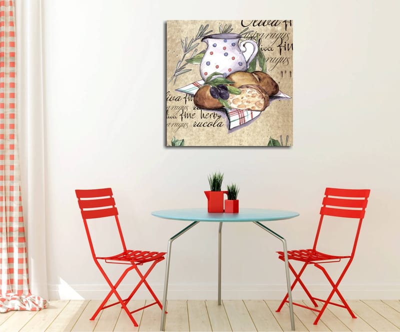 Canvas-taulu 45x45 cm - Hiljaisuus kannun, leivän ja oliivien kanssa kankaalle, Beige / Vihreä / Ruskea