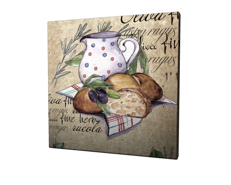 Canvas-taulu 45x45 cm - Hiljaisuus kannun, leivän ja oliivien kanssa kankaalle - Beige / Vihreä / Ruskea - Sisustustuotteet - Taulu & taide - Canvas-taulu