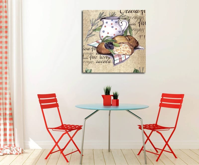 Canvas-taulu 45x45 cm - Hiljaisuus kannun, leivän ja oliivien kanssa kankaalle, Beige / Vihreä / Ruskea