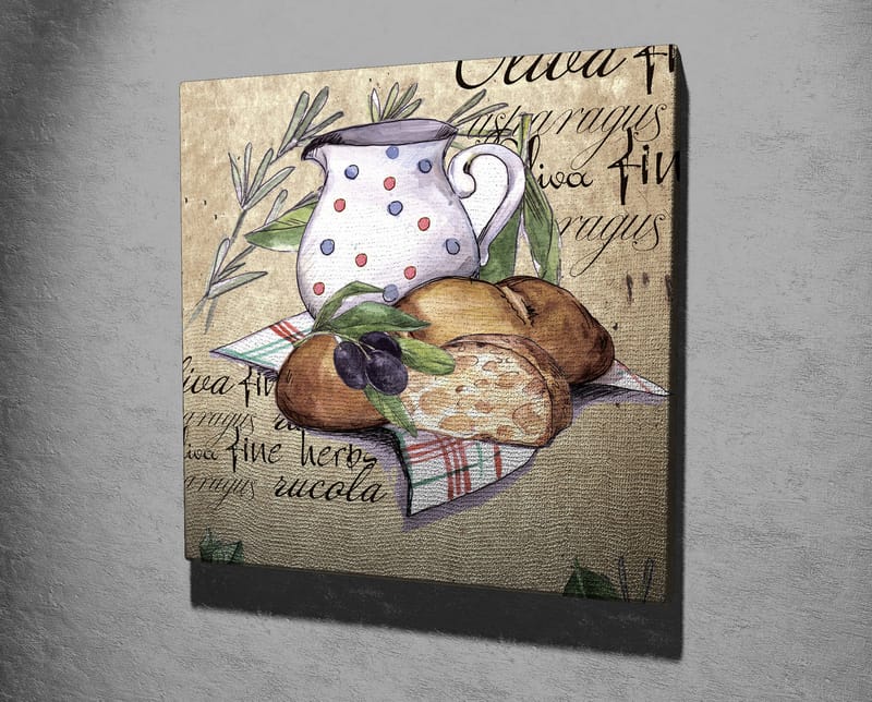Canvas-taulu 45x45 cm - Hiljaisuus kannun, leivän ja oliivien kanssa kankaalle - Beige / Vihreä / Ruskea - Sisustustuotteet - Taulu & taide - Canvas-taulu