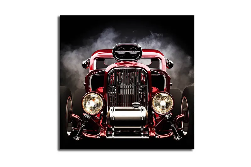 Canvas-taulu 45x45 cm - Hohtava punainen klassikkoauto voimakkaalla muotoilulla, Punainen / Hopea / Musta