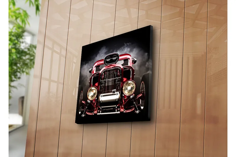 Canvas-taulu 45x45 cm - Hohtava punainen klassikkoauto voimakkaalla muotoilulla - Punainen / Hopea / Musta - Sisustustuotteet - Taulu & taide - Canvas-taulu