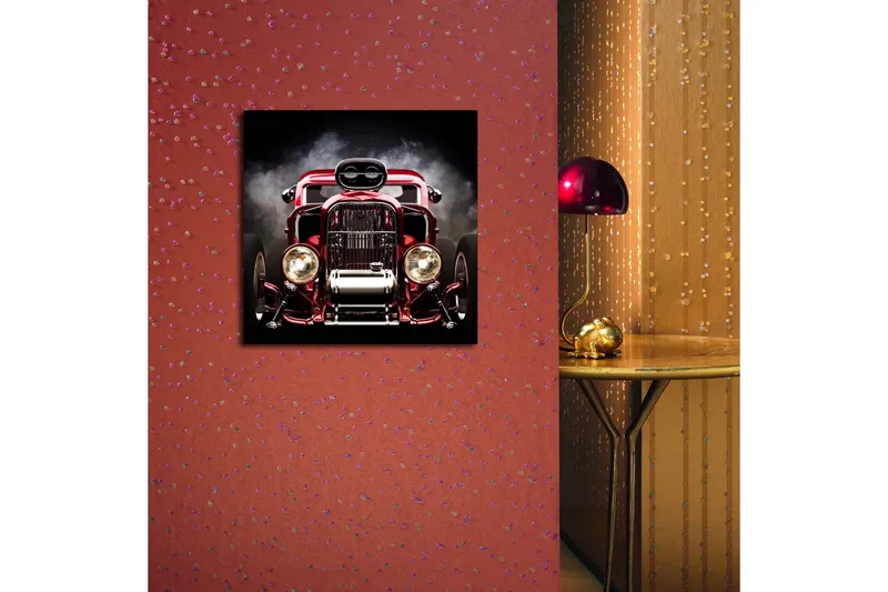 Canvas-taulu 45x45 cm - Hohtava punainen klassikkoauto voimakkaalla muotoilulla - Punainen / Hopea / Musta - Sisustustuotteet - Taulu & taide - Canvas-taulu