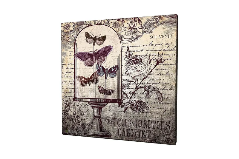 Canvas-taulu 45x45 cm - Hyönteisiä lasikulhossa, kukkia ja käsinkirjoitettua tekstiä taustalla, Violetti / Harmaa / Beige