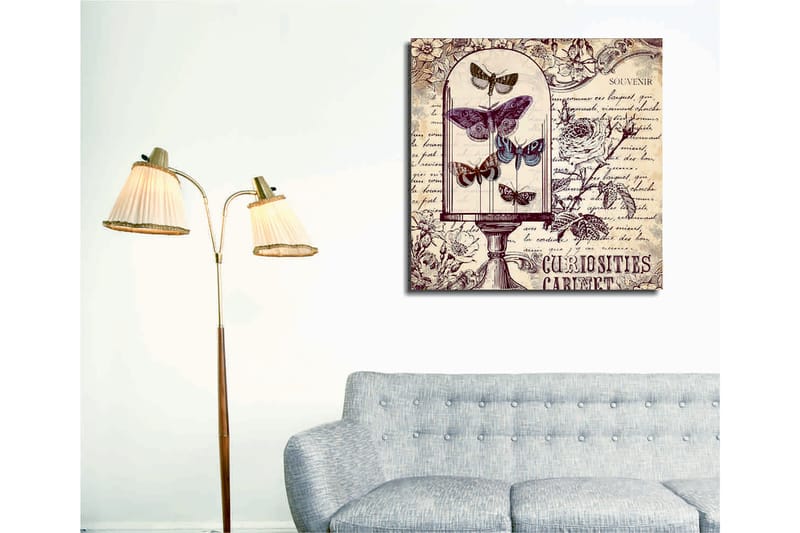 Canvas-taulu 45x45 cm - Hyönteisiä lasikulhossa, kukkia ja käsinkirjoitettua tekstiä taustalla - Violetti / Harmaa / Beige - Sisustustuotteet - Taulu & taide - Canvas-taulu