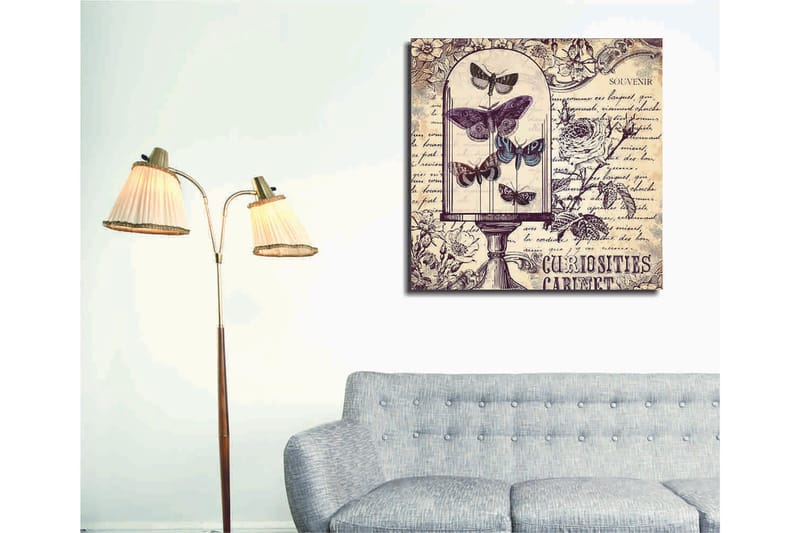 Canvas-taulu 45x45 cm - Hyönteisiä lasikulhossa, kukkia ja käsinkirjoitettua tekstiä taustalla - Violetti / Harmaa / Beige - Sisustustuotteet - Taulu & taide - Canvas-taulu