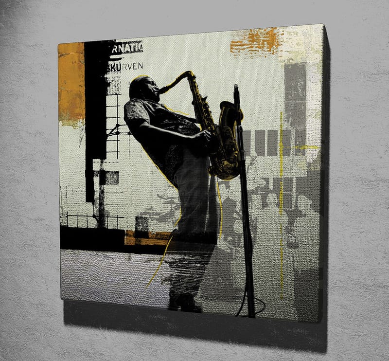 Canvas-taulu 45x45 cm - Jazzmuusikko soittaa saksofonia kaupunkiympäristössä - Musta / Keltainen / Harmaa - Sisustustuotteet - Taulu & taide - Canvas-taulu