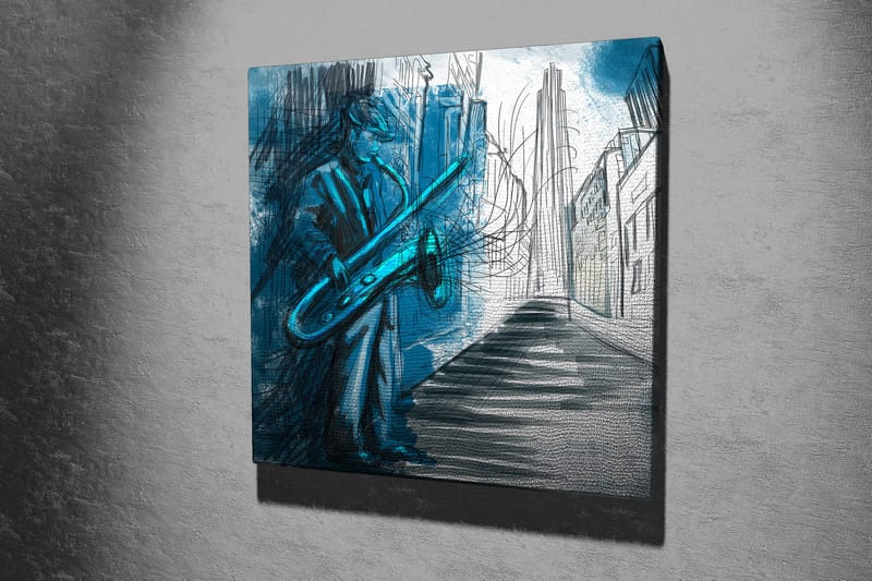 Canvas-taulu 45x45 cm - Jazzmuusikko soittaa saksofonia kaupunkiympäristössä - Sininen / Vihreä / Musta - Sisustustuotteet - Taulu & taide - Canvas-taulu