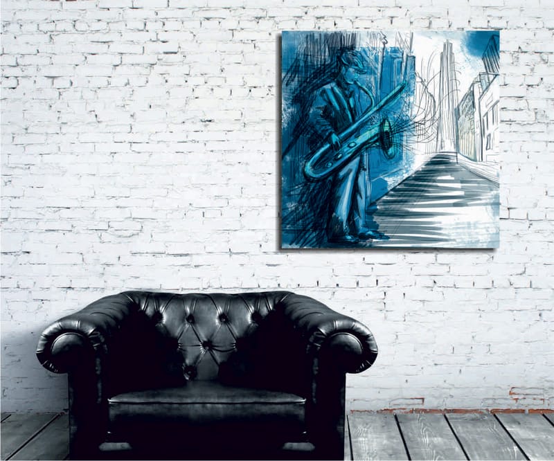 Canvas-taulu 45x45 cm - Jazzmuusikko soittaa saksofonia kaupunkiympäristössä, Sininen / Vihreä / Musta