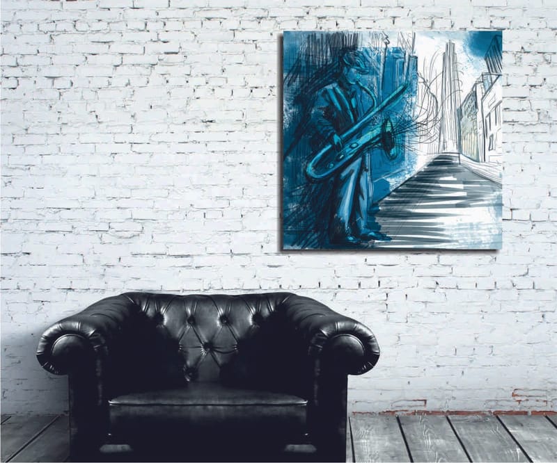 Canvas-taulu 45x45 cm - Jazzmuusikko soittaa saksofonia kaupunkiympäristössä, Sininen / Vihreä / Musta