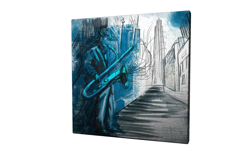 Canvas-taulu 45x45 cm - Jazzmuusikko soittaa saksofonia kaupunkiympäristössä - Sininen / Vihreä / Musta - Sisustustuotteet - Taulu & taide - Canvas-taulu