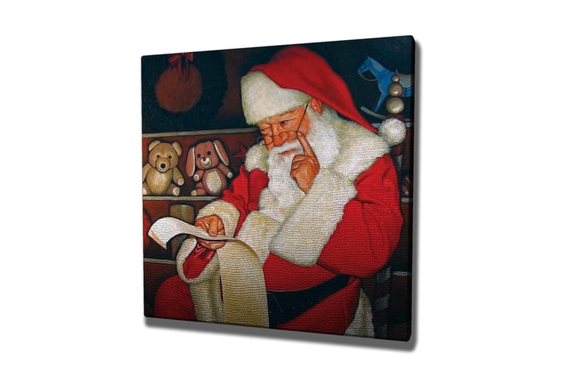 Canvas-taulu 45x45 cm - Joulupukki lukee lelulistaa viihtyisässä ympäristössä - Punainen / Valkoinen / Ruskea - Sisustustuotteet - Taulu & taide - Canvas-taulu