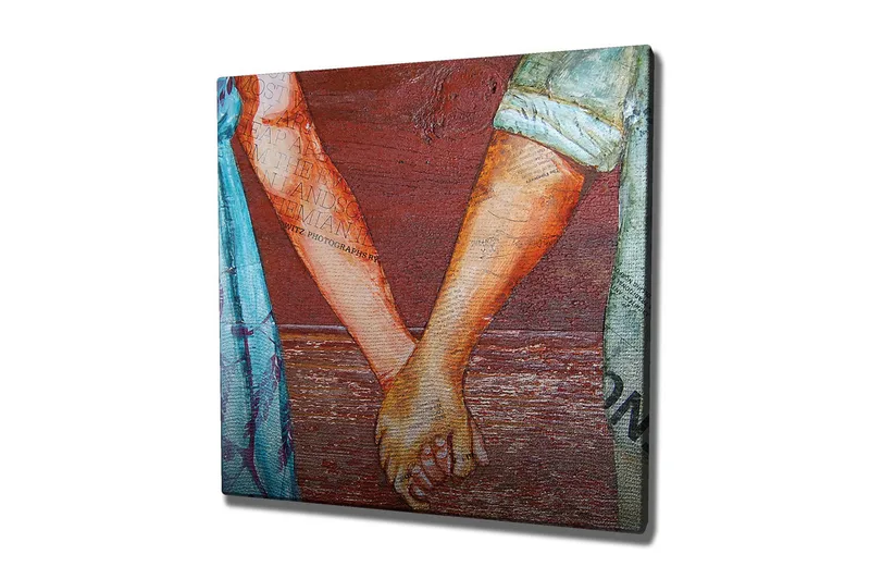 Canvas-taulu 45x45 cm - Kädet pitävät toisiaan rakastavasti, Punainen / Beige / Sininen