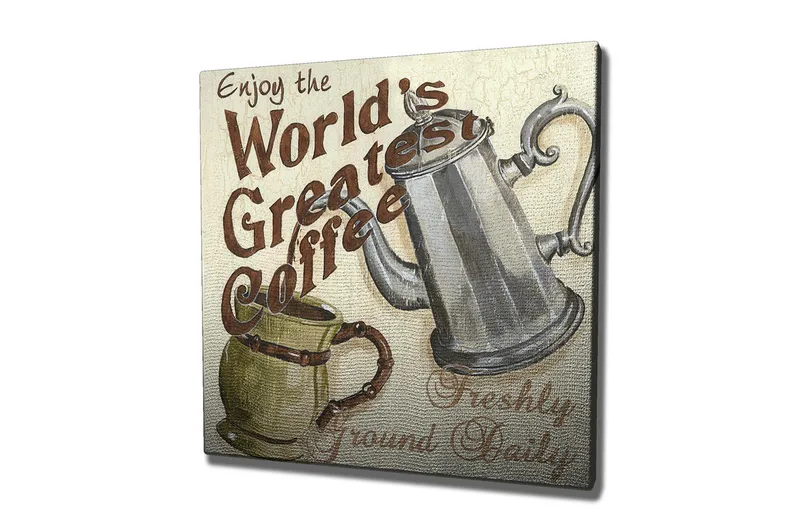 Canvas-taulu 45x45 cm - Kahvivempaimet vanhanaikaisella kahvipannulla ja mukilla, Harmaa / Vihreä / Ruskea