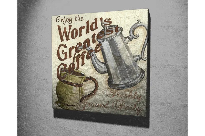 Canvas-taulu 45x45 cm - Kahvivempaimet vanhanaikaisella kahvipannulla ja mukilla - Harmaa / Vihreä / Ruskea - Sisustustuotteet - Taulu & taide - Canvas-taulu