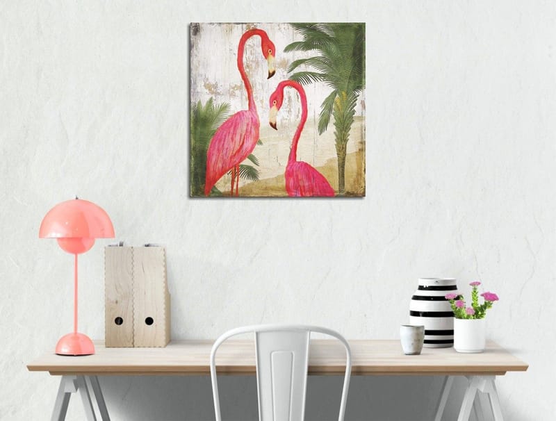 Canvas-taulu 45x45 cm - Kaksi eleganttia flamingoja palmujen ympäröimänä, Vaaleanpunainen / Vihreä / Beige