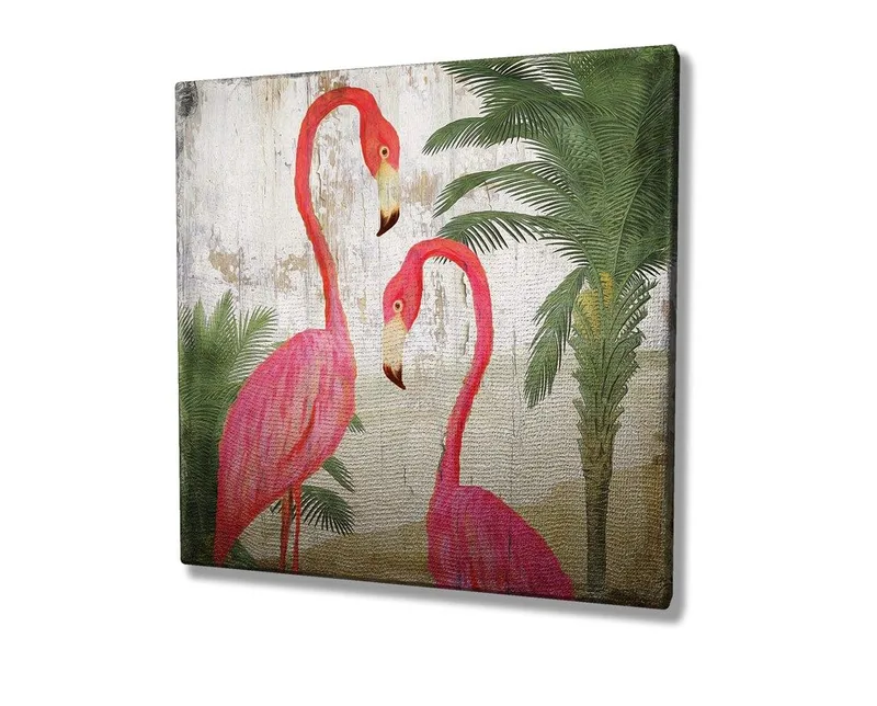 Canvas-taulu 45x45 cm - Kaksi eleganttia flamingoja palmujen ympäröimänä - Vaaleanpunainen / Vihreä / Beige - Sisustustuotteet - Taulu & taide - Canvas-taulu