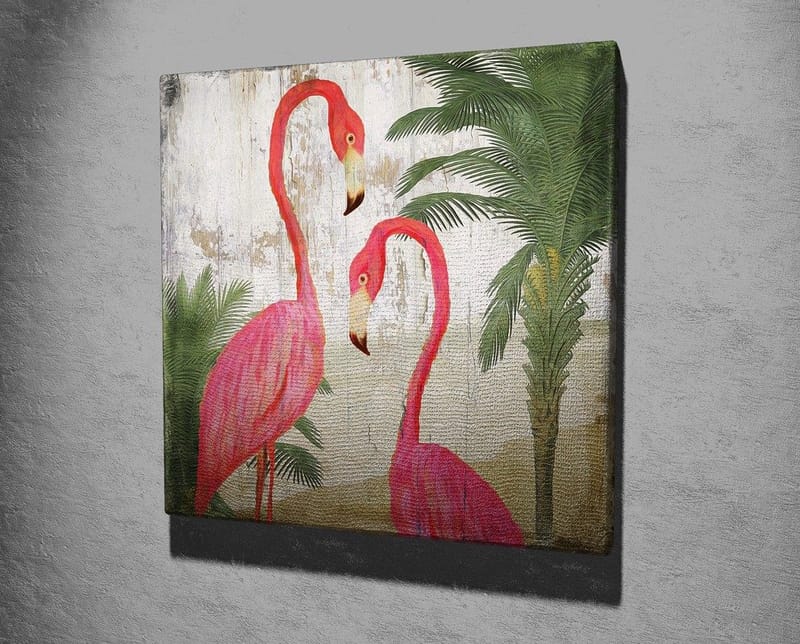 Canvas-taulu 45x45 cm - Kaksi eleganttia flamingoja palmujen ympäröimänä - Vaaleanpunainen / Vihreä / Beige - Sisustustuotteet - Taulu & taide - Canvas-taulu
