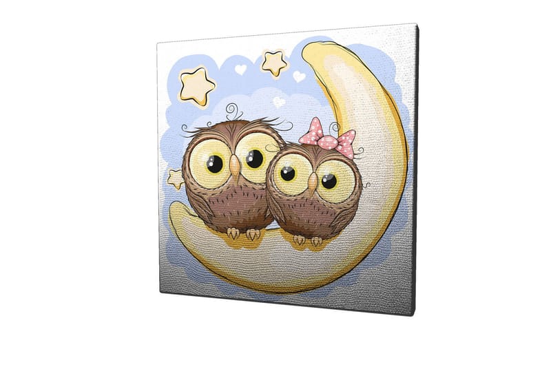 Canvas-taulu 45x45 cm - Kaksi söpöä pöllöä istumassa kuunsirpin päällä tähtien taustalla - Ruskea / Keltainen / Vaaleansininen - Sisustustuotteet - Taulu & taide - Canvas-taulu