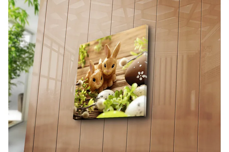 Canvas-taulu 45x45 cm - Kaksi suloista kania keväisessä ympäristössä, Ruskea / Vihreä / Beige